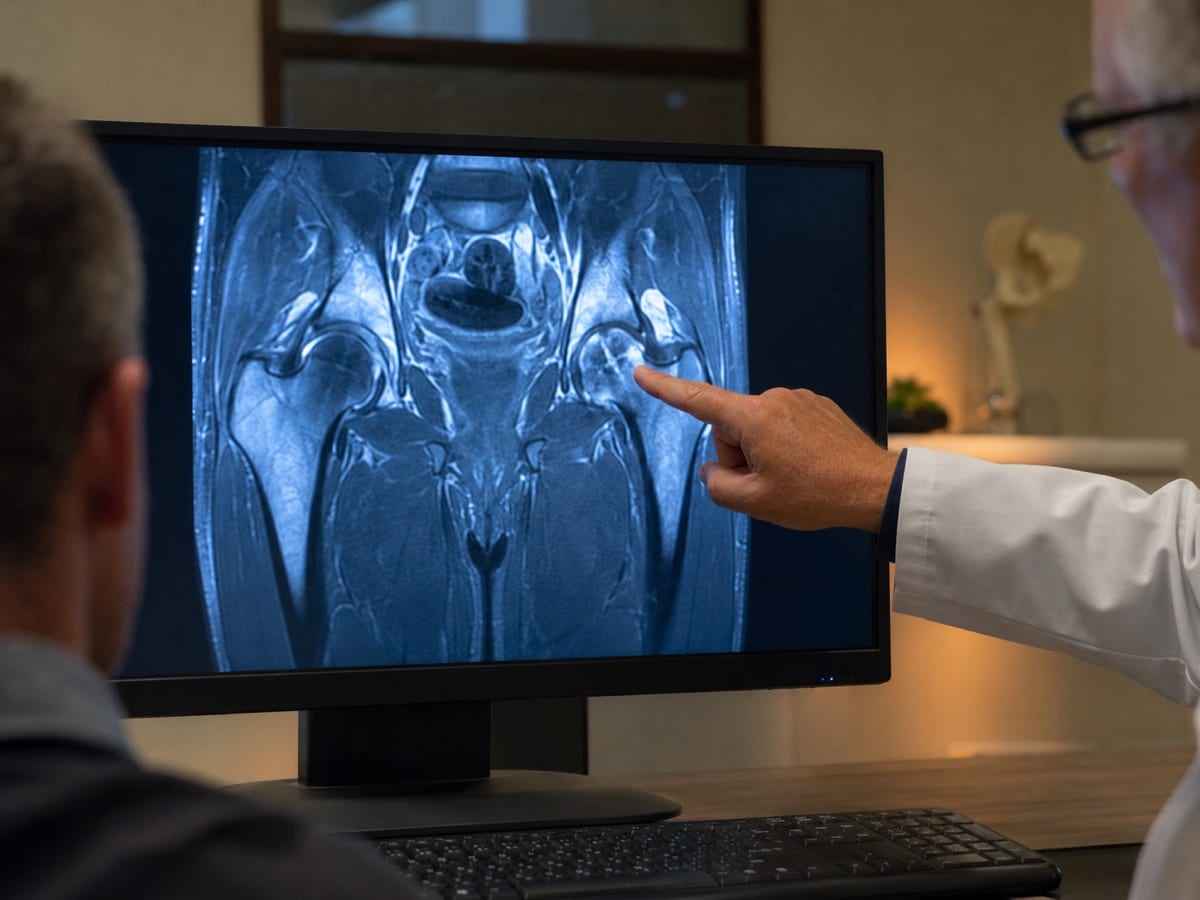A hip MRI showing femoral head changes of avascular necrosis on screen.