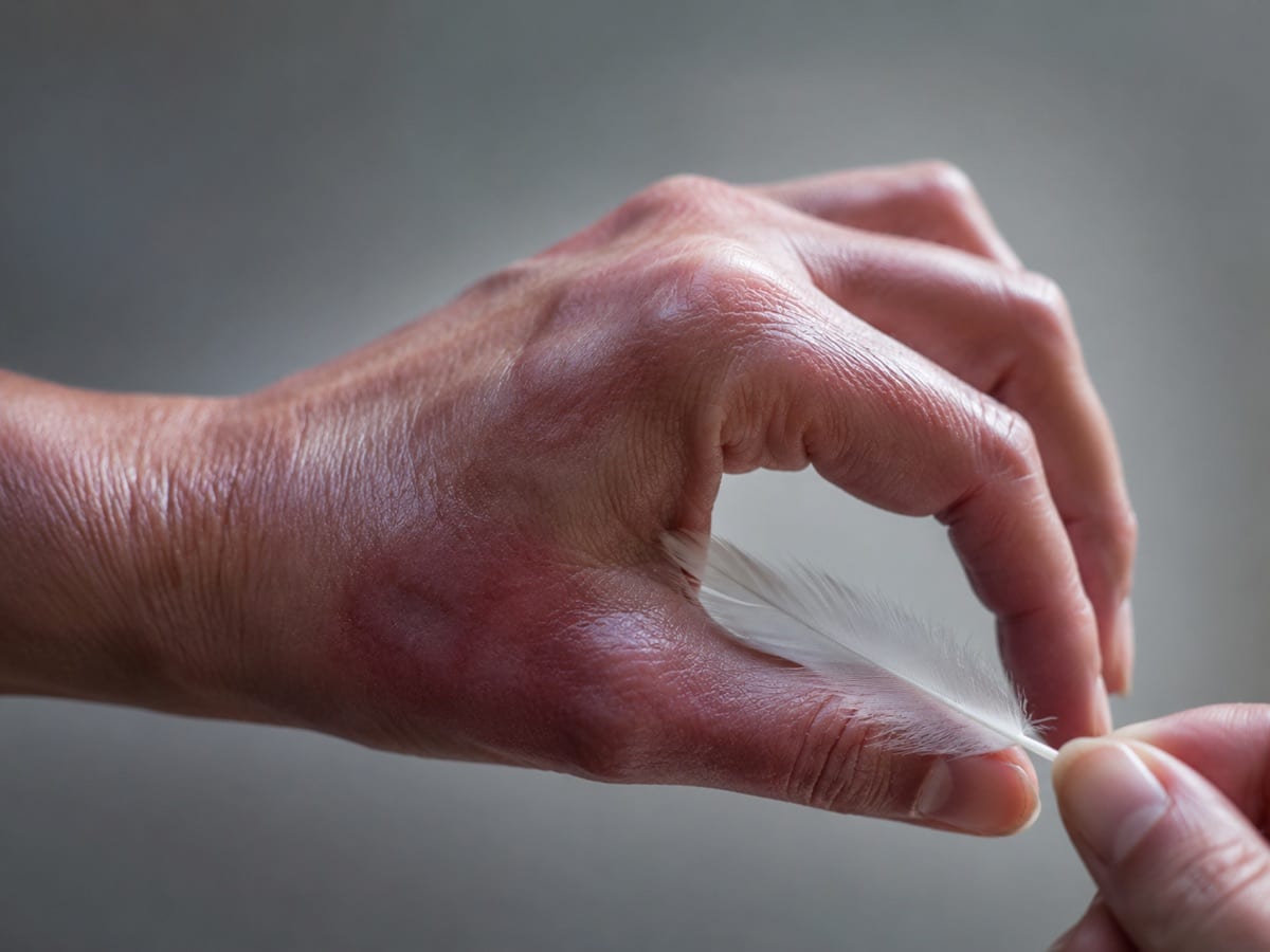 A swollen, shiny, hypersensitive hand reacting to a feather's touch, depicting CRPS allodynia.