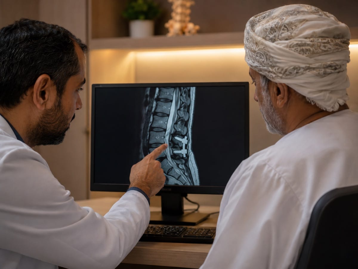 A doctor reviewing a lumbar MRI with surgical hardware on screen with a patient.