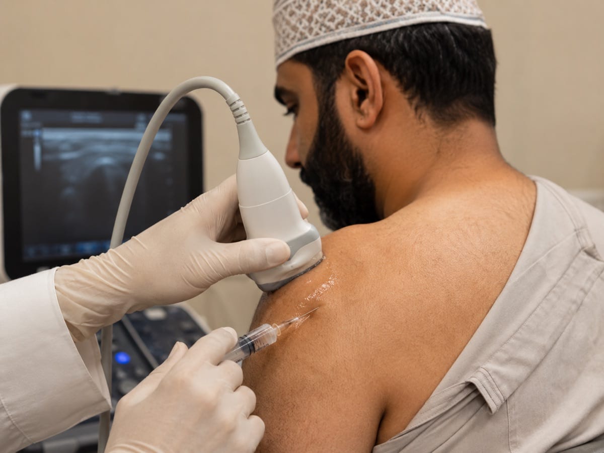 An ultrasound-guided injection into an arthritic shoulder joint.