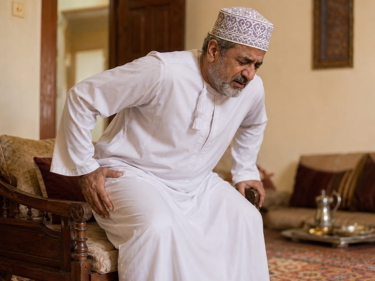 A person rising from a chair with a hand on the hip from weight-bearing pain.