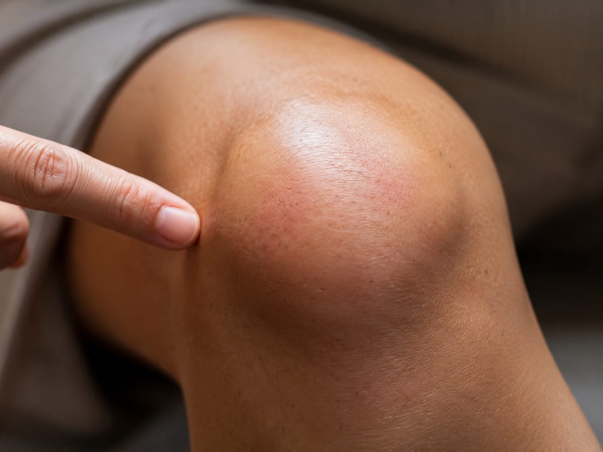 Close-up of a swollen kneecap showing bursitis at the front of the knee.