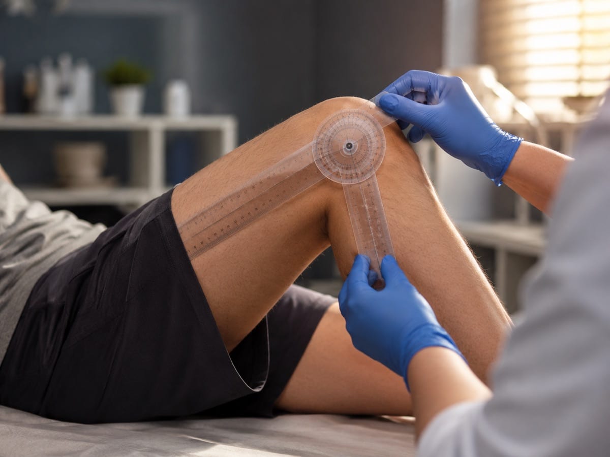 A clinician measuring knee range of motion with a goniometer.