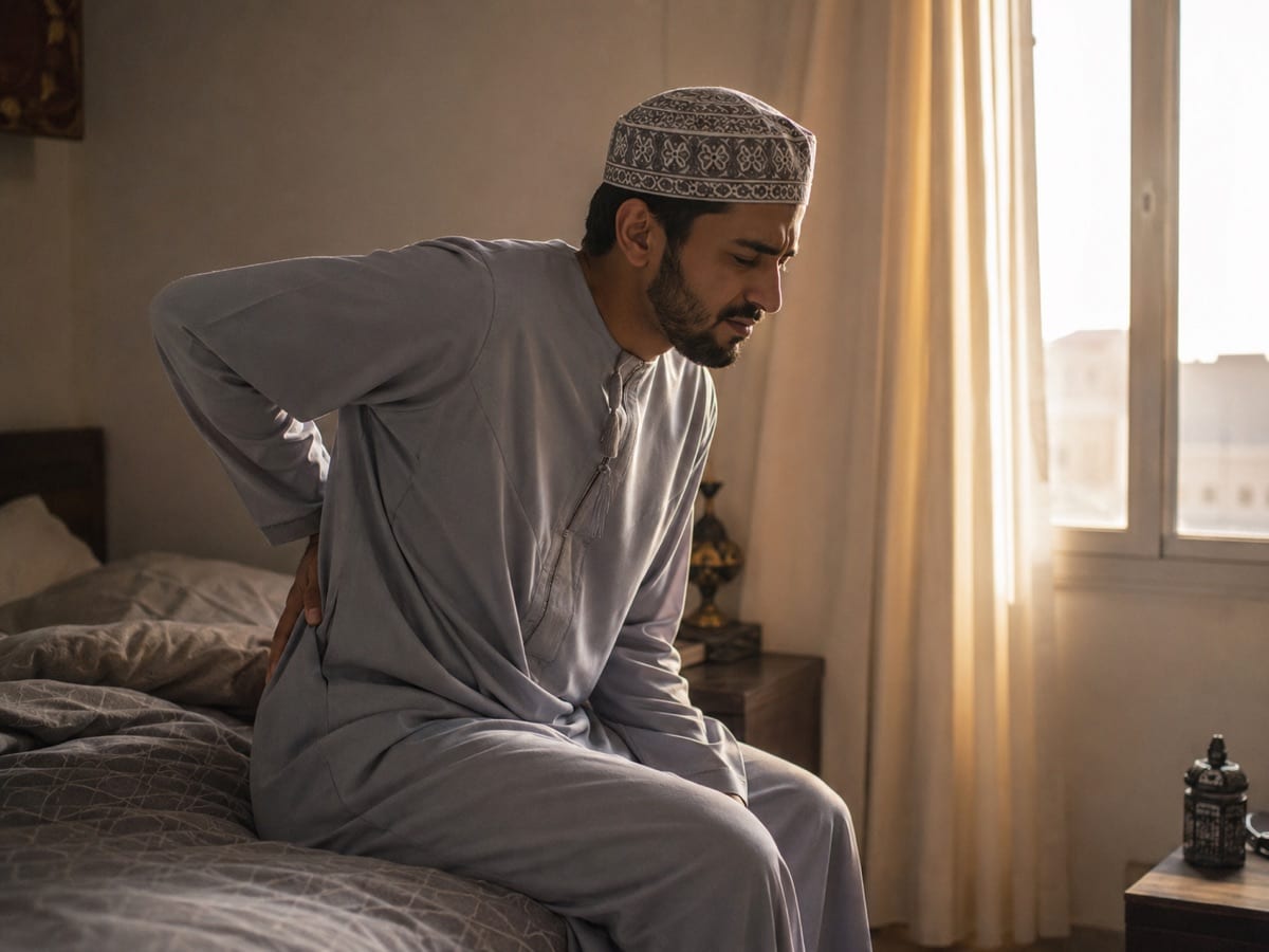 A young adult easing a stiff lower back on waking, typical of inflammatory back pain.