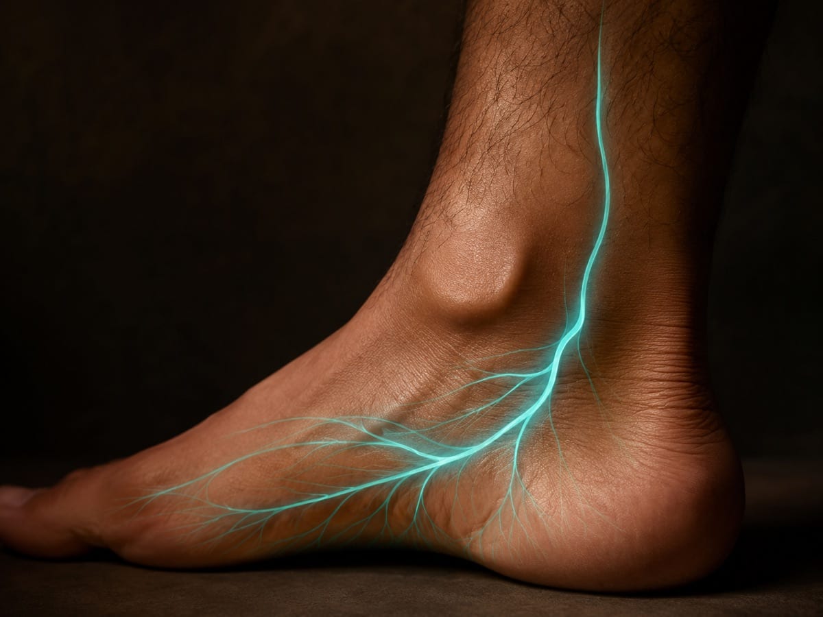 The posterior tibial nerve traced at the inner ankle, illustrating tarsal tunnel syndrome.